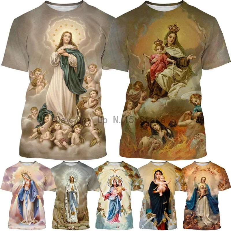 

Summer Blessed Virgin Mary 3D Printing T Shirt Fashion Christian Mother of God Faith Style Short Sleeved Tops T Shirt