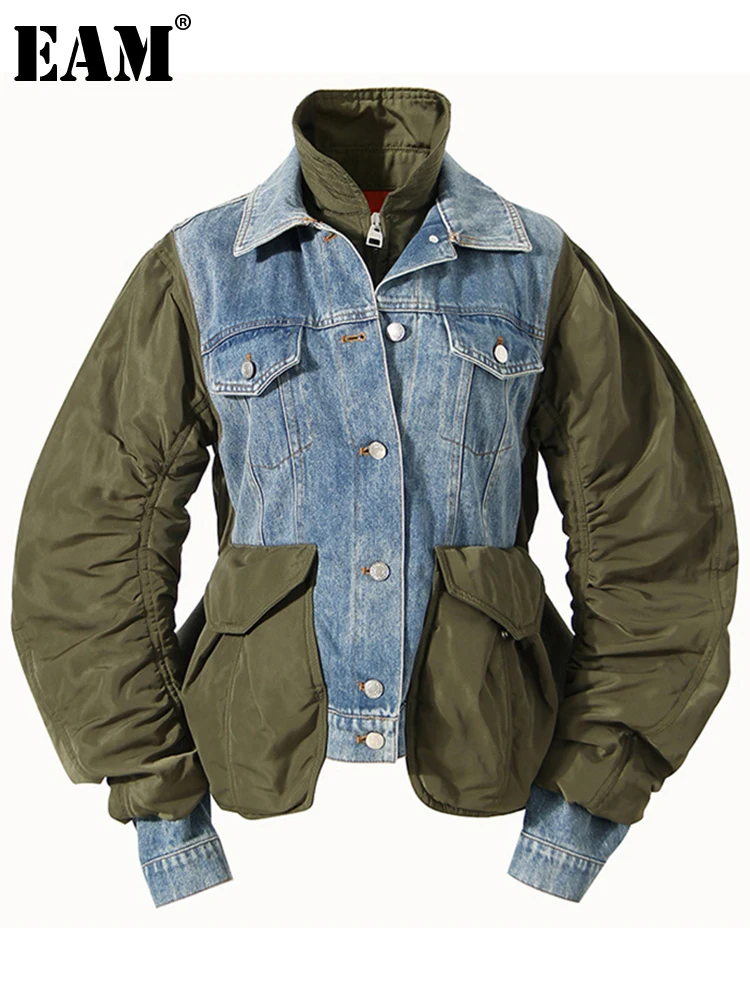 [EAM] свободная Зеленая джинсовая плиссированная куртка большого размера Новое