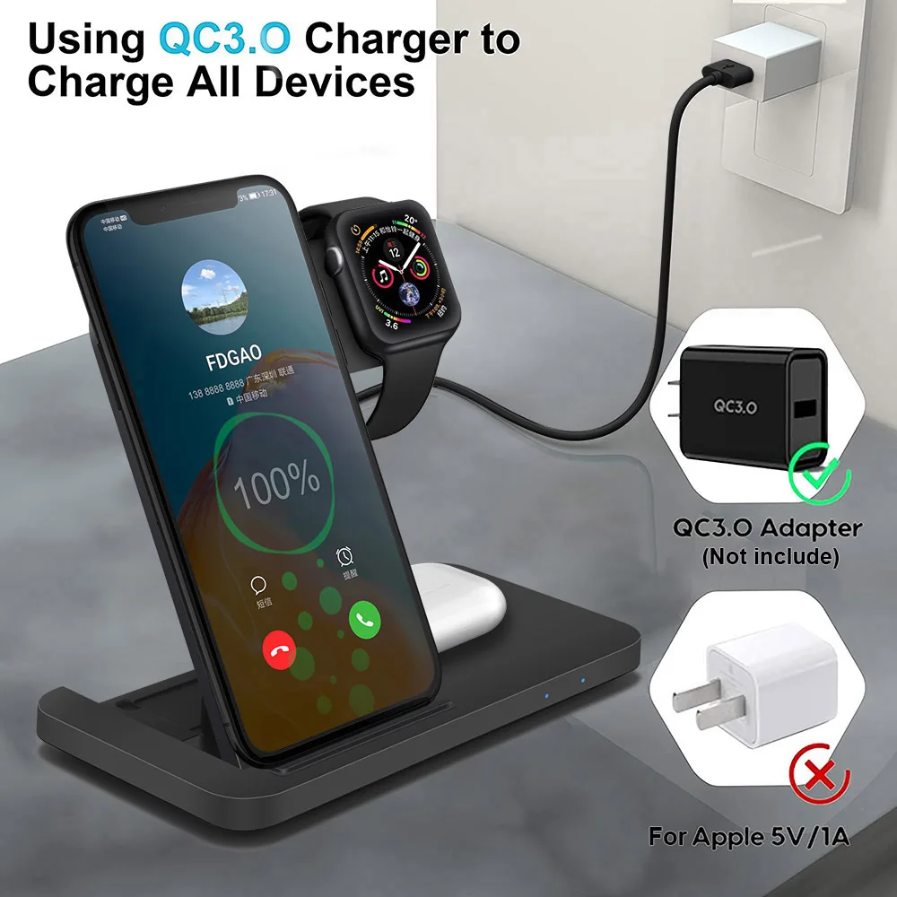 

The New Product 3 in 1 Wireless Charger is Suitable for iPhone12 11 XS XR X 8 Mobile Phone and Watch Headset 15W+5W+2W Charging