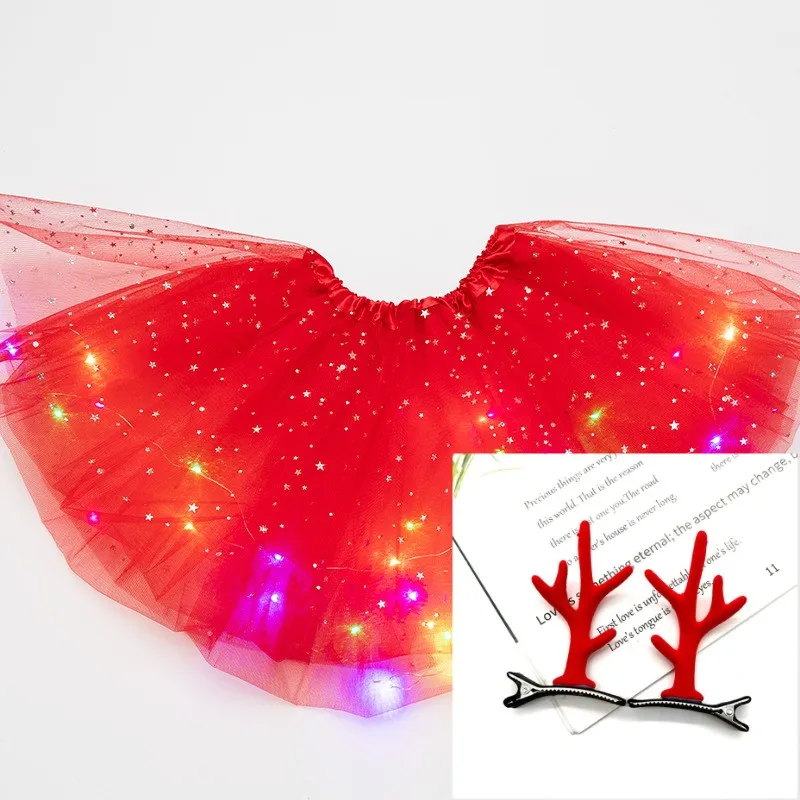 

LED Light Kids Girls Princess Tutu Skirt Children Christmas New Year Dancing Miniskirt Costume Cosplay Clothing With Hairpin