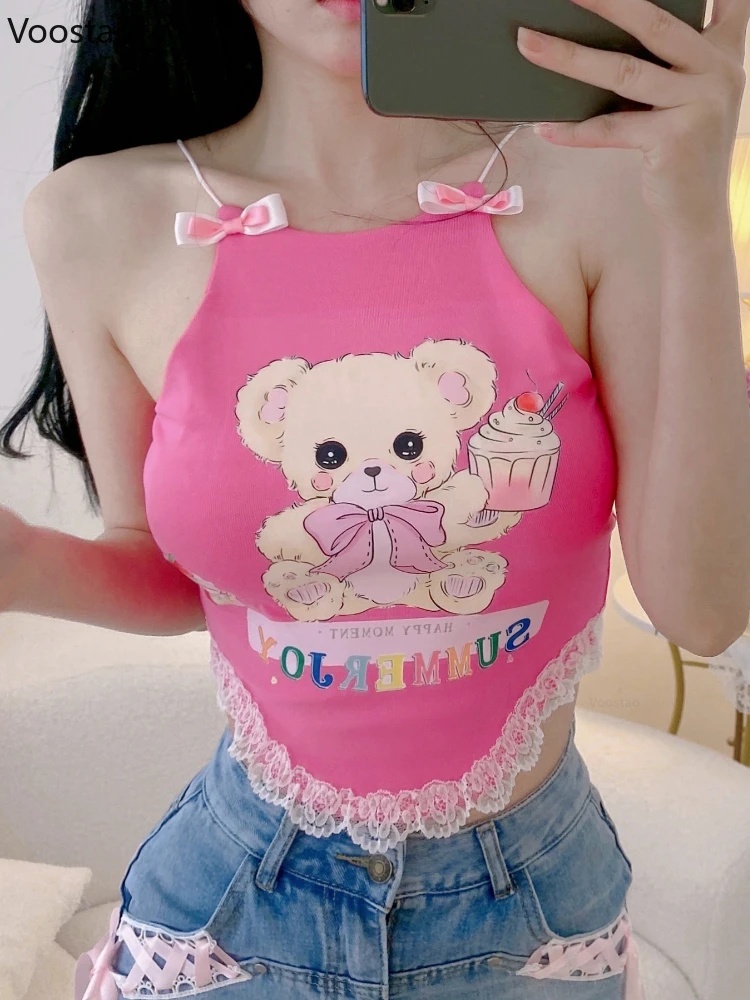

Sweet Lolita Style Camis Crop Tops Summer Women Cute Camisole Lace Ruffles Cartoon Bear Print Tanks Girls Kawaii Y2k Bow Vest