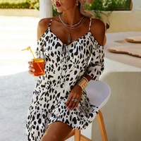 summer woman clothing off shoulder halter belt leopard print bubble sleeve loose dress holiday casual mini skirts