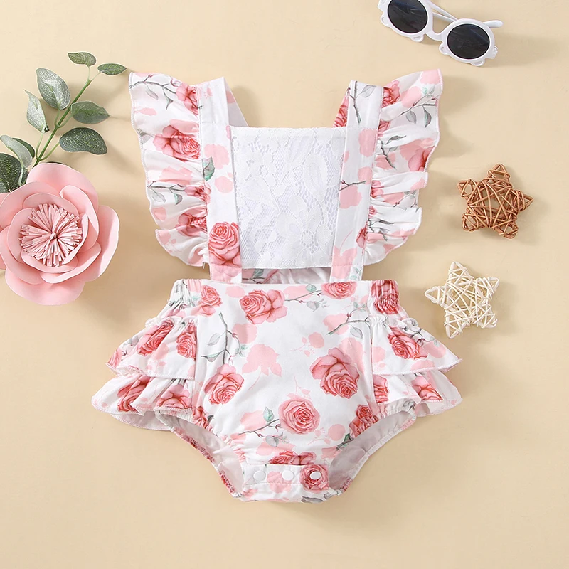

Newborn Infant Girls Romper Floral Print Lace Stitching Fly Sleeve Ruffles Bodysuit Summer Cutout Short Jumpsuits for 0-12Months