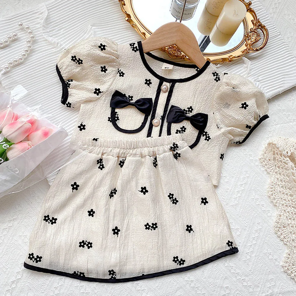 

Menoea Kids Clothes Sets 2022 Korean Summer Children Clothing Baby Girl Puff Sleeves Flowers Top and Floral Bow Skirt 2PCS Suit