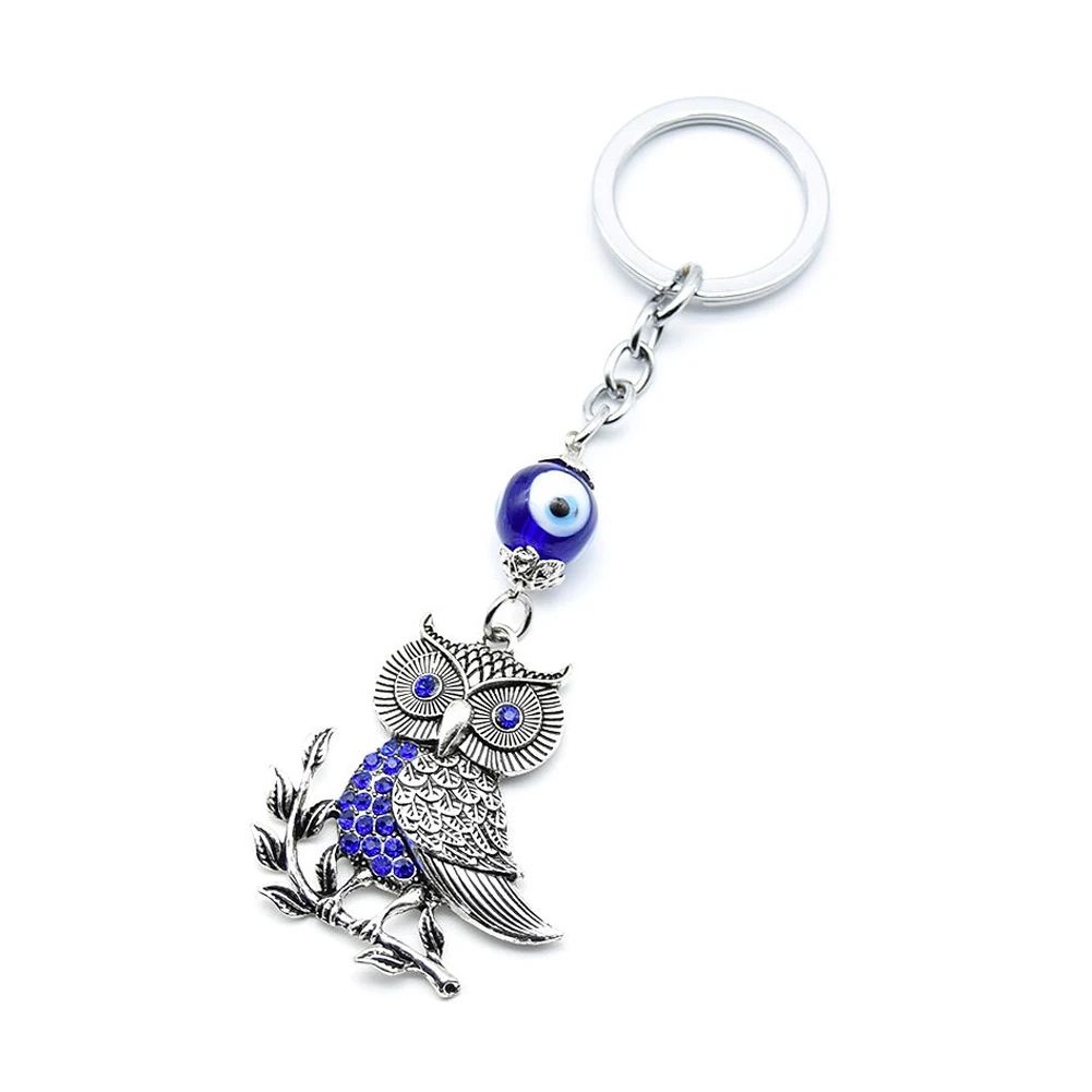 Owl Glazed Blue Eyes Keychain Metal Pendant Evil Devil's Eye Car Accessory Peace Hanging Anti Lost Key Ring Chain Noctua Jewelry