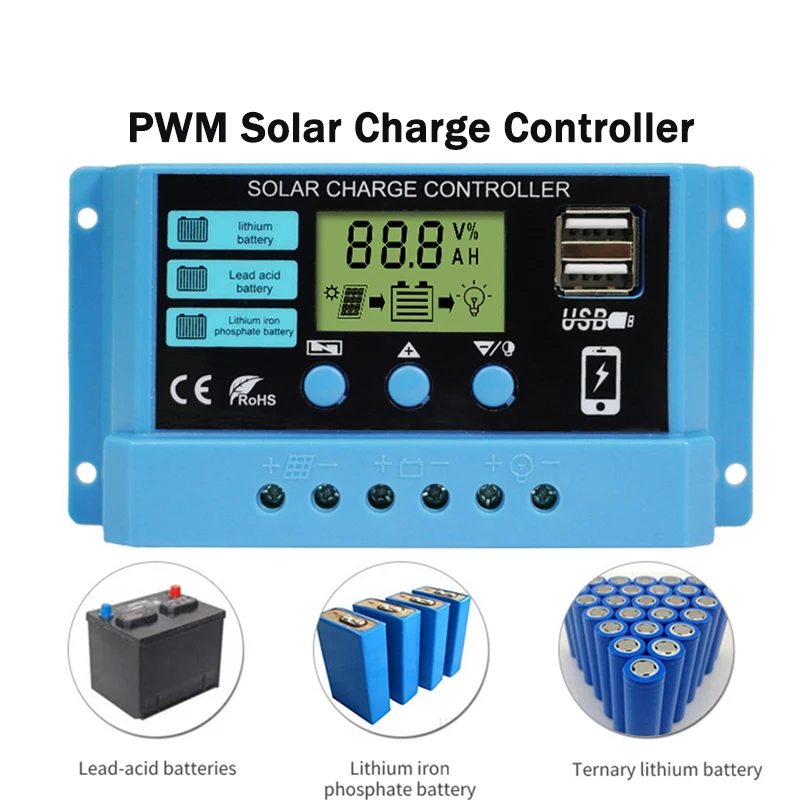 

PWM 10A 20A 30A Solar Charge Controller Auto 12V 24V Solar Panel With USB Port LCD Screen For Lifepo4 Lead-Acid Lithium Battery