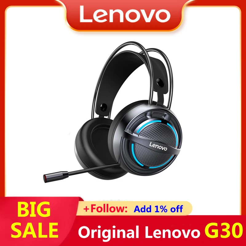 

Original Lenovo G30 Wired Headphones 7.1 Surround Sound Noise Reduction Earphone LED Light Gaming Headset Computer Earbuds Mic
