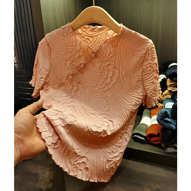 

Miyake Pleat 2023 New Fashion V Neck Womens T Shirt Office Lady Casual Elegant Knurling Tops Shirts & Blouses Aesthetic Clothing