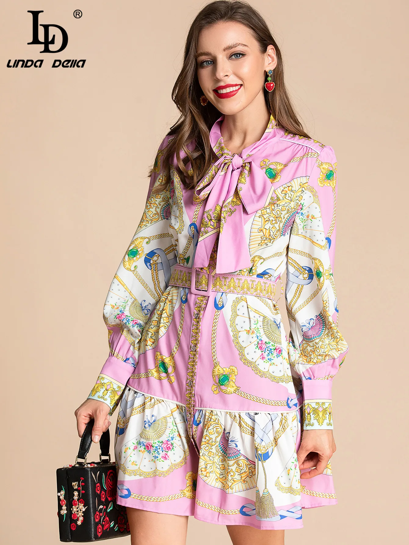 

LD LINDA DELLA Fashion Runway Summer Pink Short Dress Women's Lantern sleeve Single-breasted Sashes Floral print Vintage Dress