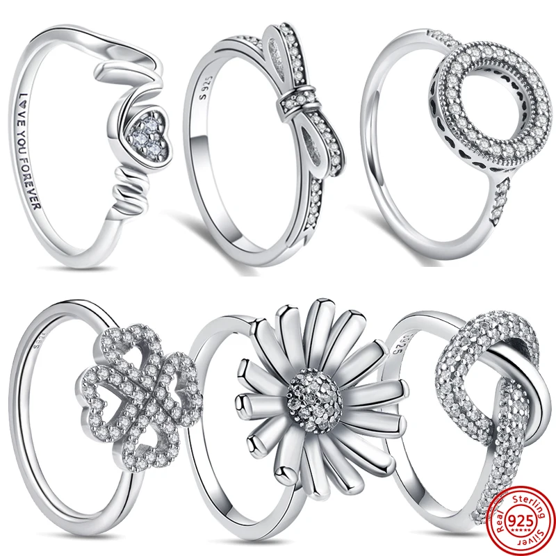 

100% 925 Sterling Silver Bow Heart Sparkling Love Ring Four-leaf Clover Women Original Panor Jewelry Anniversary Gift Wholesale