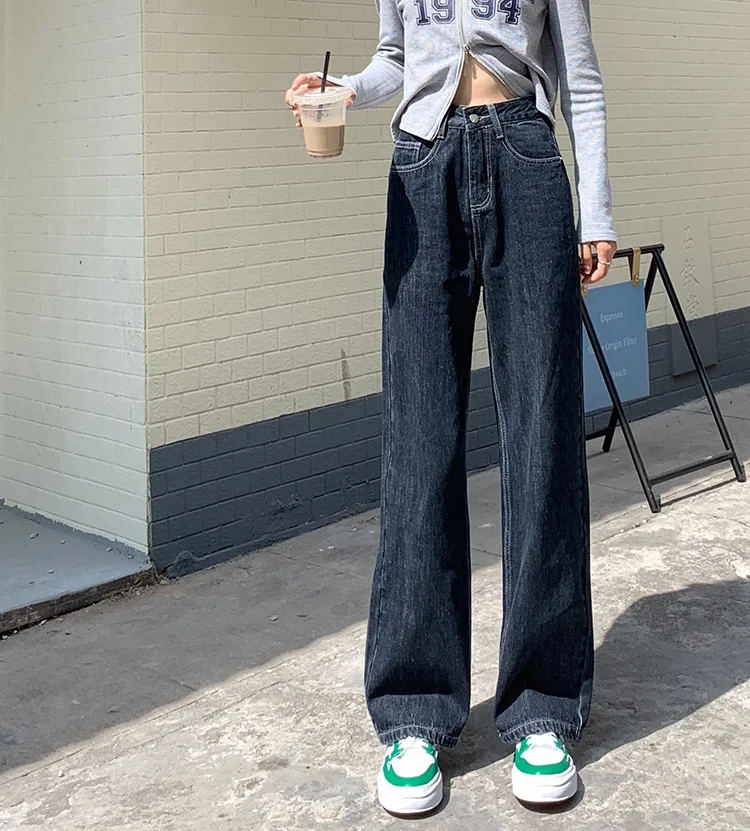 

DD2683 New dark loose wide-leg pants retro straight mopping trousers jeans