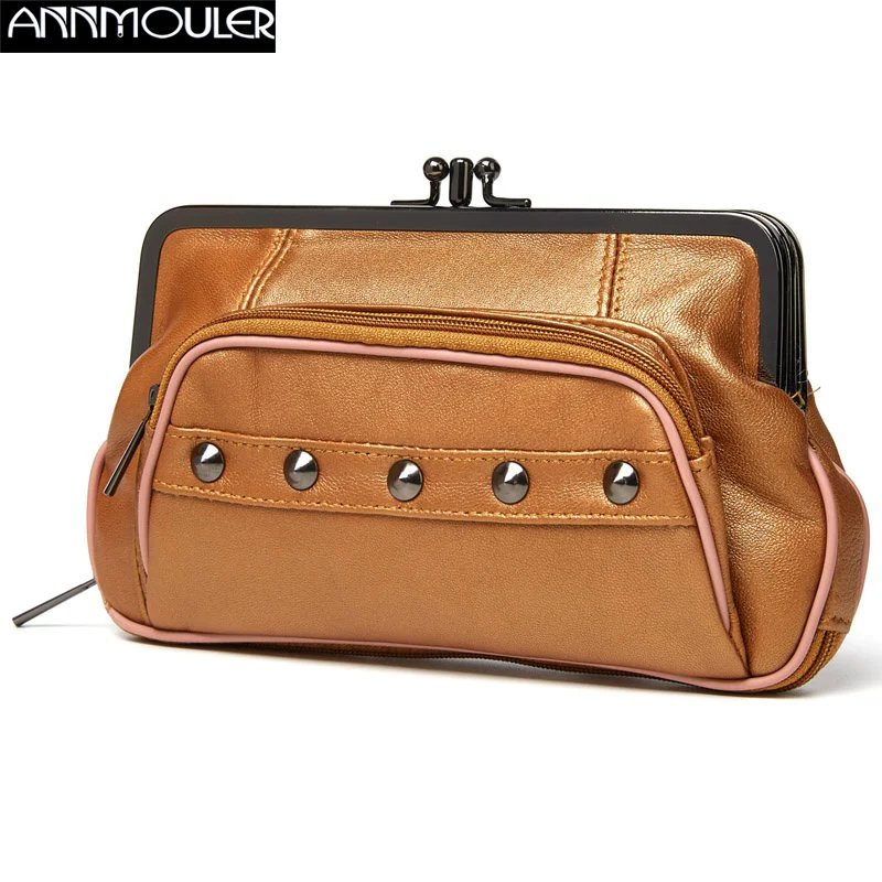 

2023 Luxury Women Wallet Genuine Leather Coin Purse Sheepskin Rivet Handbags Brown Change Card Holders Female Bag Purses