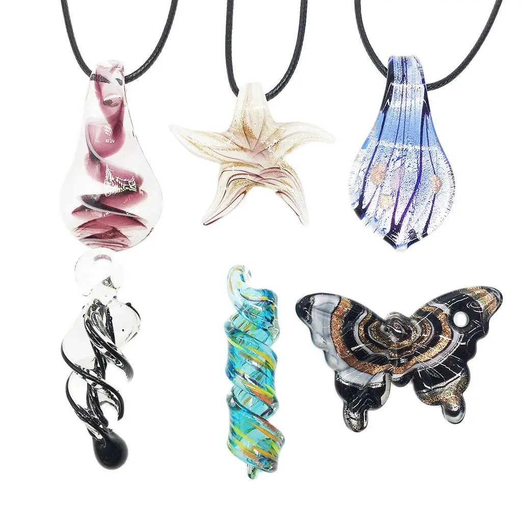 

6PCS Spiral Mix Color Murano Glass Pendant Necklace For Women Stars Starfish Butterflies Water Drops Jewelry Cheap Free Shipping