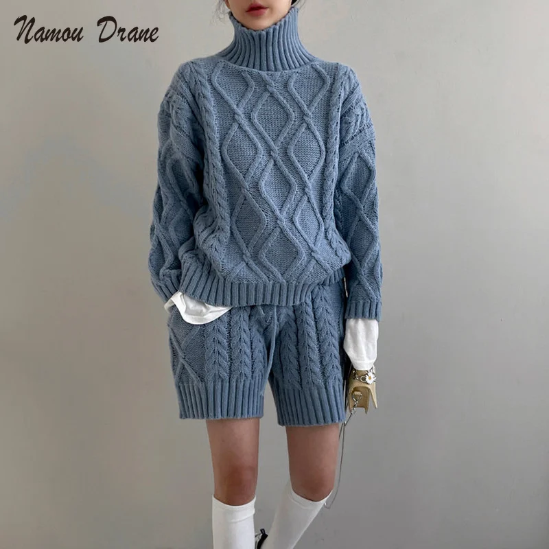 

Namou Drane Knitted Twisted Women Outfits Turtleneck Long Sleeve Pullover Sweater + Lace Up High Waist Shorts Korean Sets