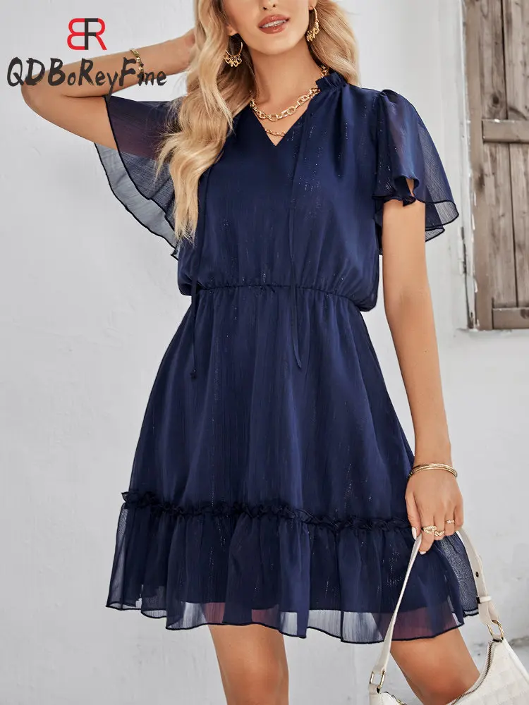 

Шифоновое летнее женское платье, милое Повседневное платье мини с V-образным вырезом и рукавом-бабочкой на шнуровке, элегантные женские платья, новинка 2023