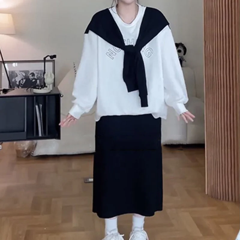 Spring Autumn Casual Suit for Womens Comes with a Shawl and Fake Two Piece Sweater Skirt Letter Print Plus Size Two Piece Sets