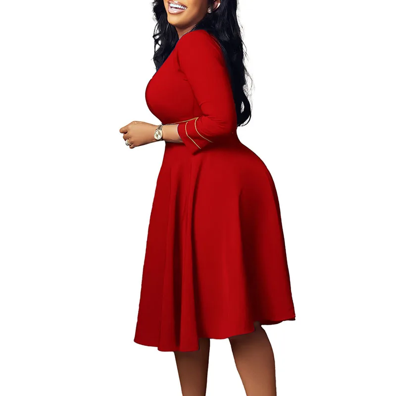 Africa Dresses Plus Size for Woman New Fashion  Three Quater Solid A Line Midi Dresses Elegant Party Dress Office Lady Outfits