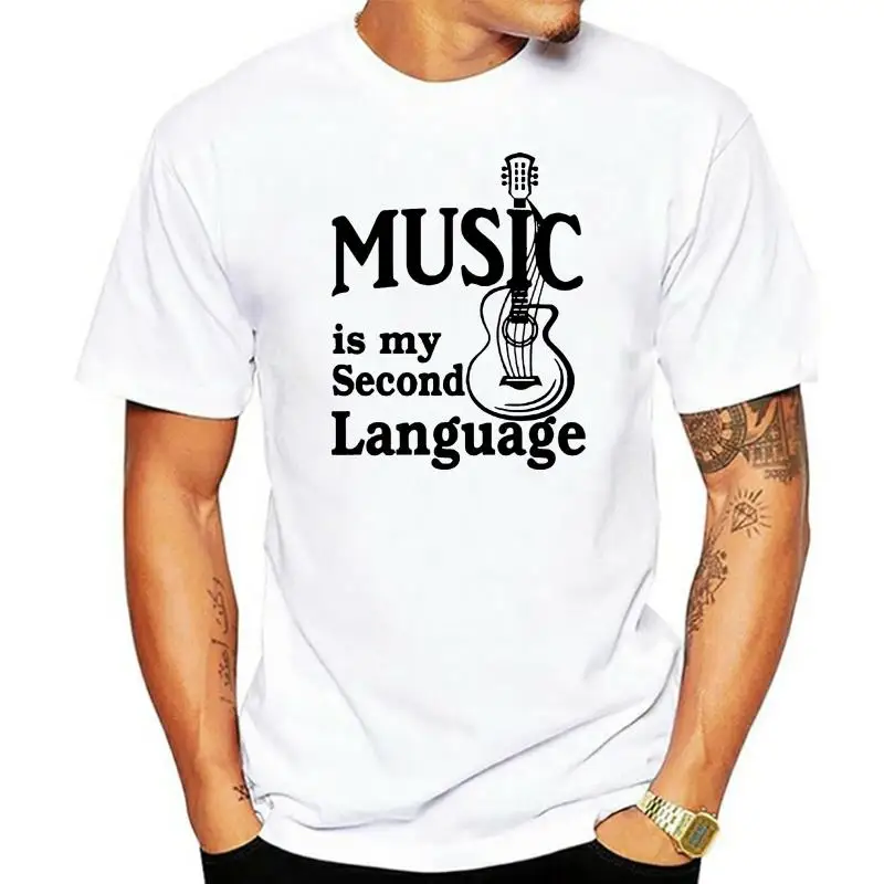 

Мужская футболка, топы с коротким рукавом, хипстерская футболка, футболка с надписью «Музыка-мой второй язык», Мужская одежда для гитары, мужские футболки с круглым вырезом, camiseta