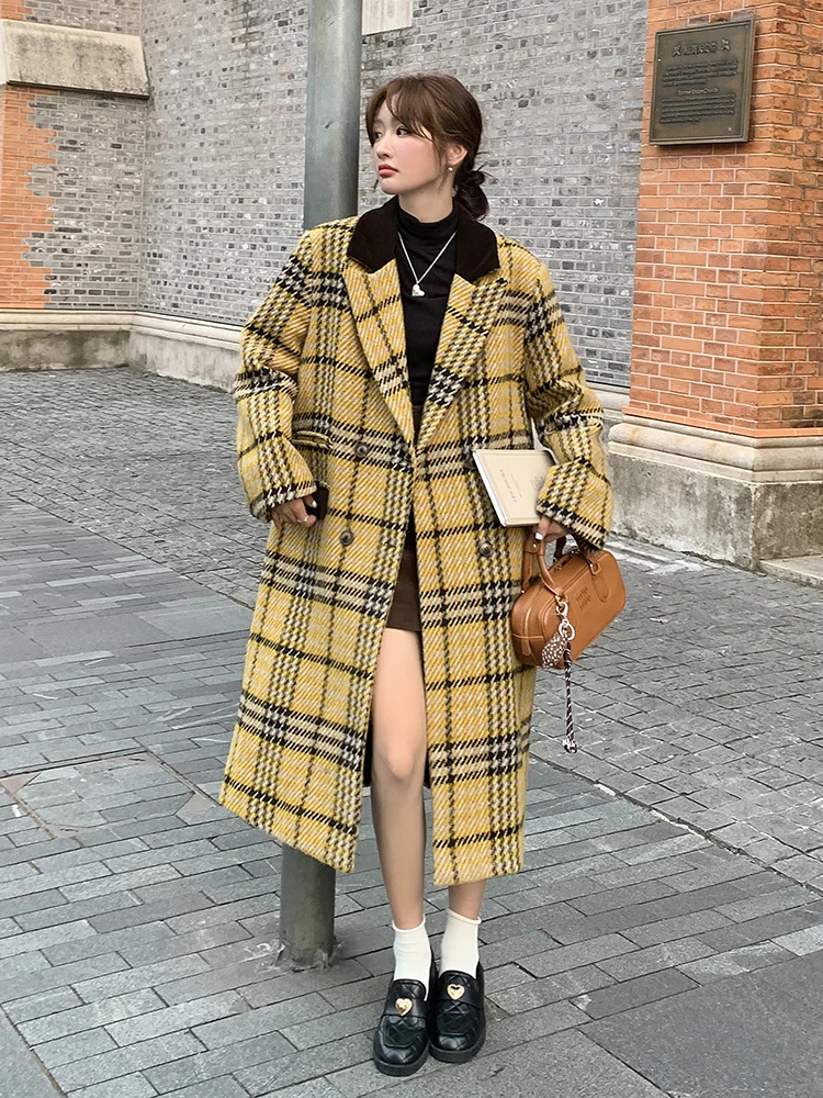 Super Nice Yellow Plaid Suit Woolen Thick Coat Women Autumn and Winter 2024 New Korean Series Mid-Length