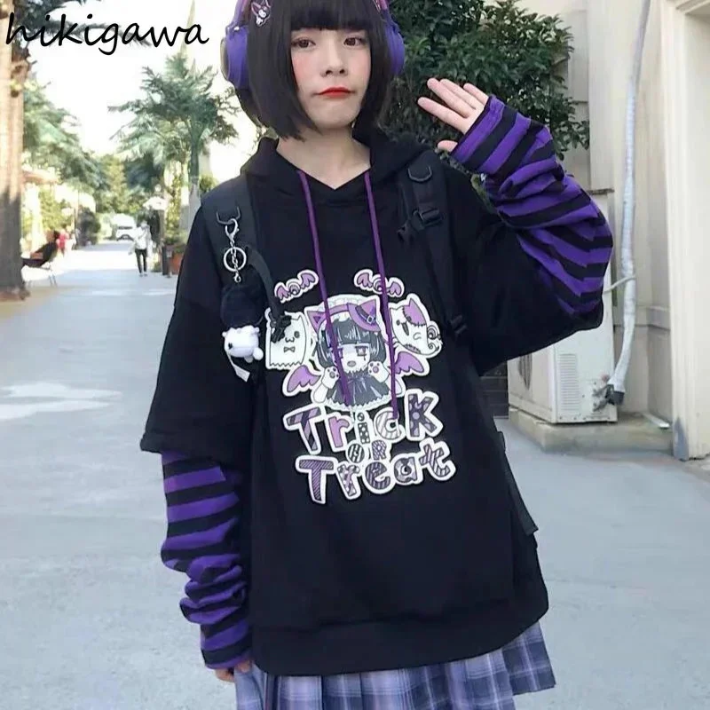 

Hikigawa Hoodie Fake Two Piece Hooded Sweatshirt Striped Patchwork Hoodies Women Clothes for Teens Y2K Anime Harajuku Black Tops