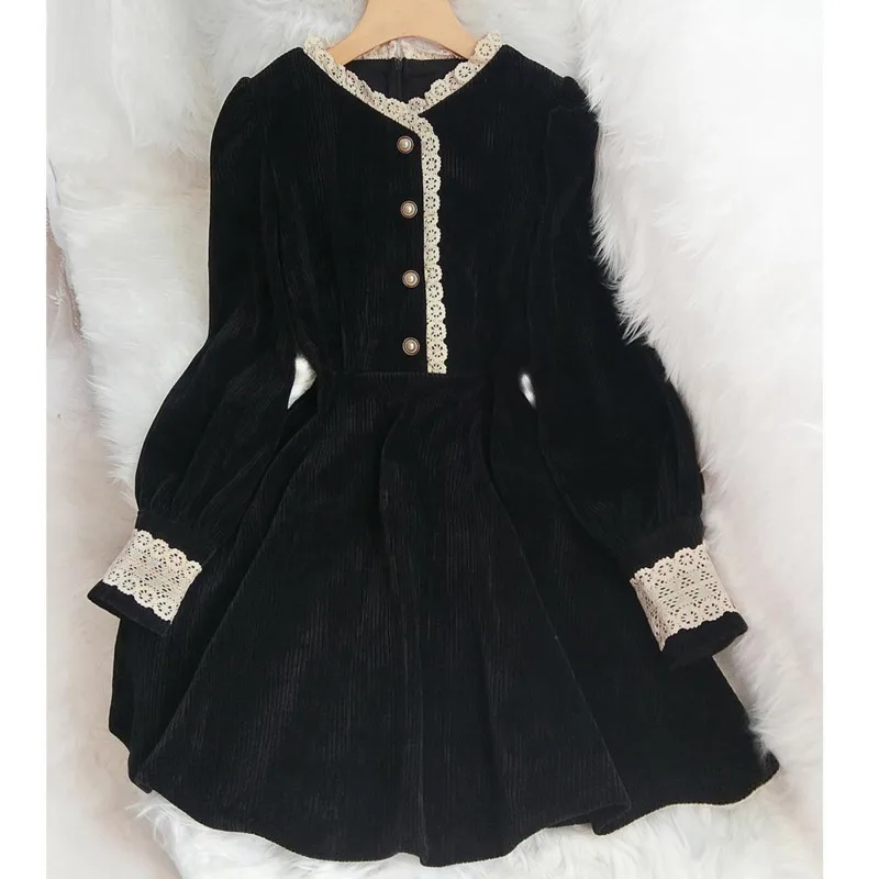 

Весеннее вельветовое платье Черные милые вечерние платья с длинными рукавами для девочек, белое кружевное винтажное платье с бантом, мален...