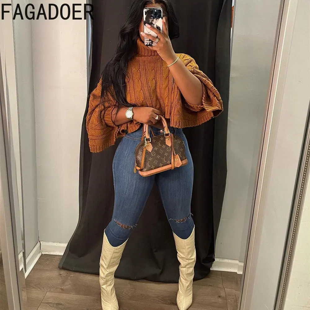 

FAGADOER Fashion Round Neck Lantern Long-Sleeved Pullover Winter Women Solid High Neck Personality Short Sweater Tops Thicken