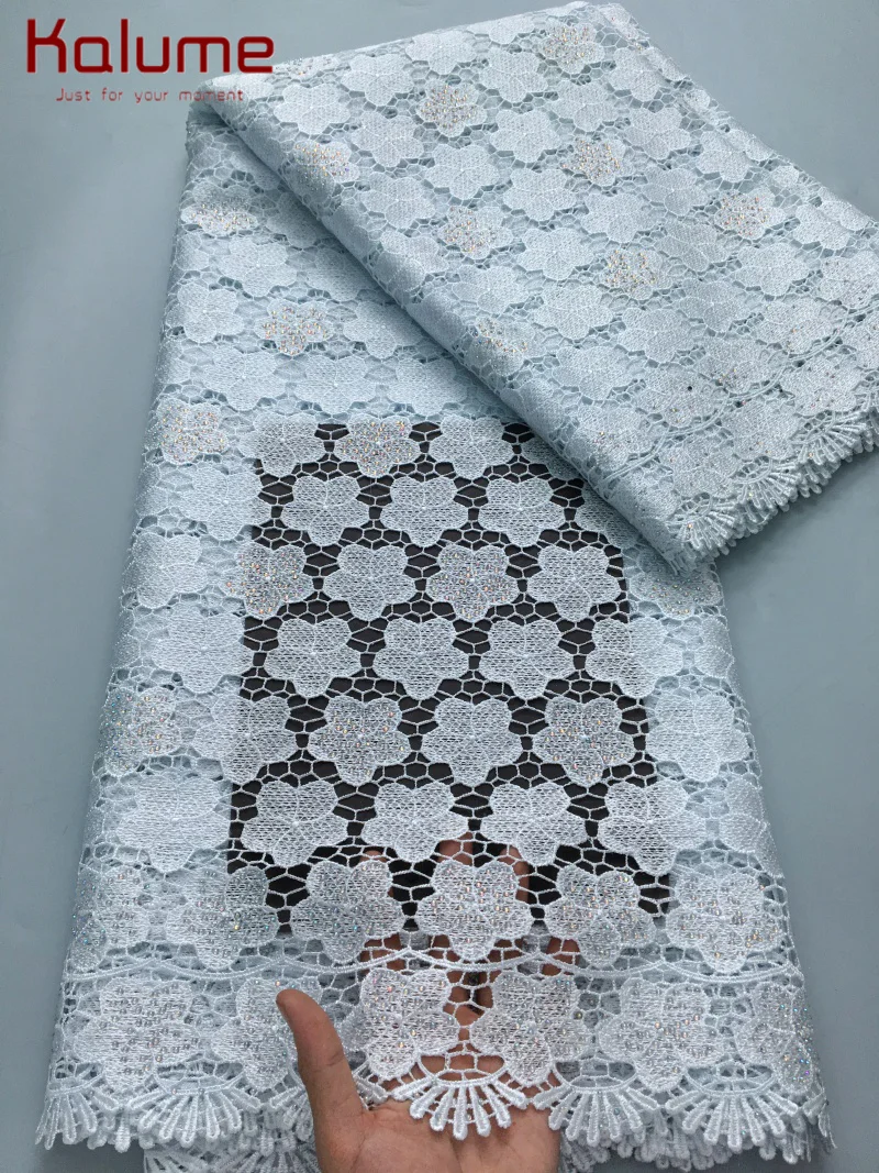Синяя гипюровая кружевная ткань высокого качества с камнями 2025 нигерийская