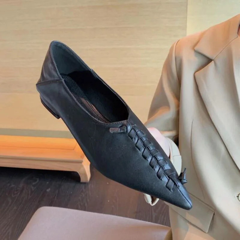 Brand Women's Flats Ladies Knit Pointed Casual Ballet Shoes Soft Pregnant Shallow Loafers Femme Ballerine Gold White Black SZ4-3