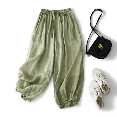 Брюки-султанки Limiguyue женские с эластичным поясом, свободные штаны в литературном стиле, повседневные тонкие брюки до щиколотки из пеньковой ткани, U882, зеленые, на лето