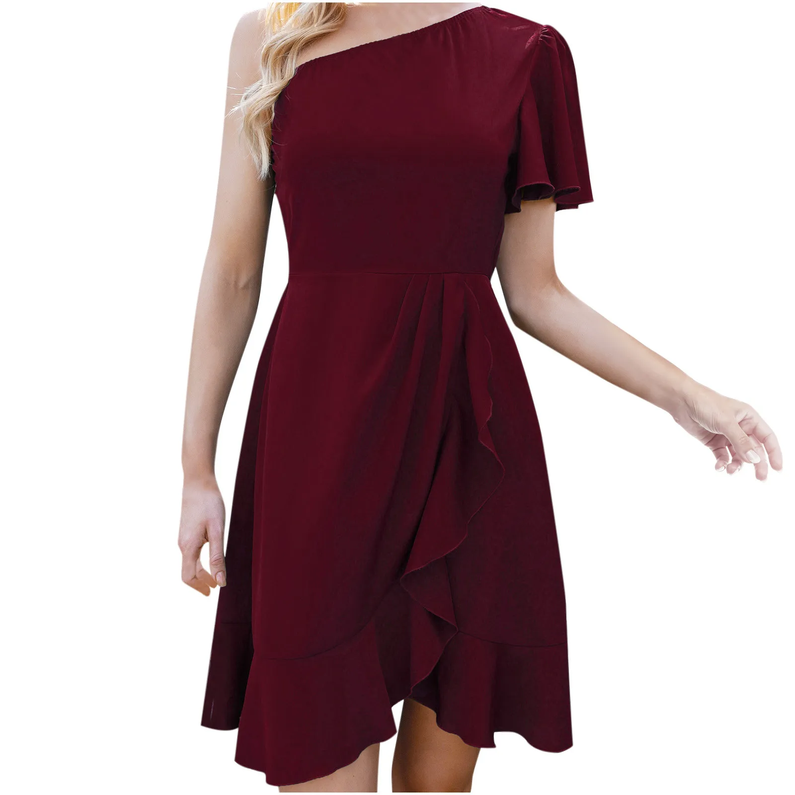 

2022 Spring Women's Fashion Casual Dresses Sloping Shoulder Solid Color Temperament Pullover One Shoulder Ruffle Dress