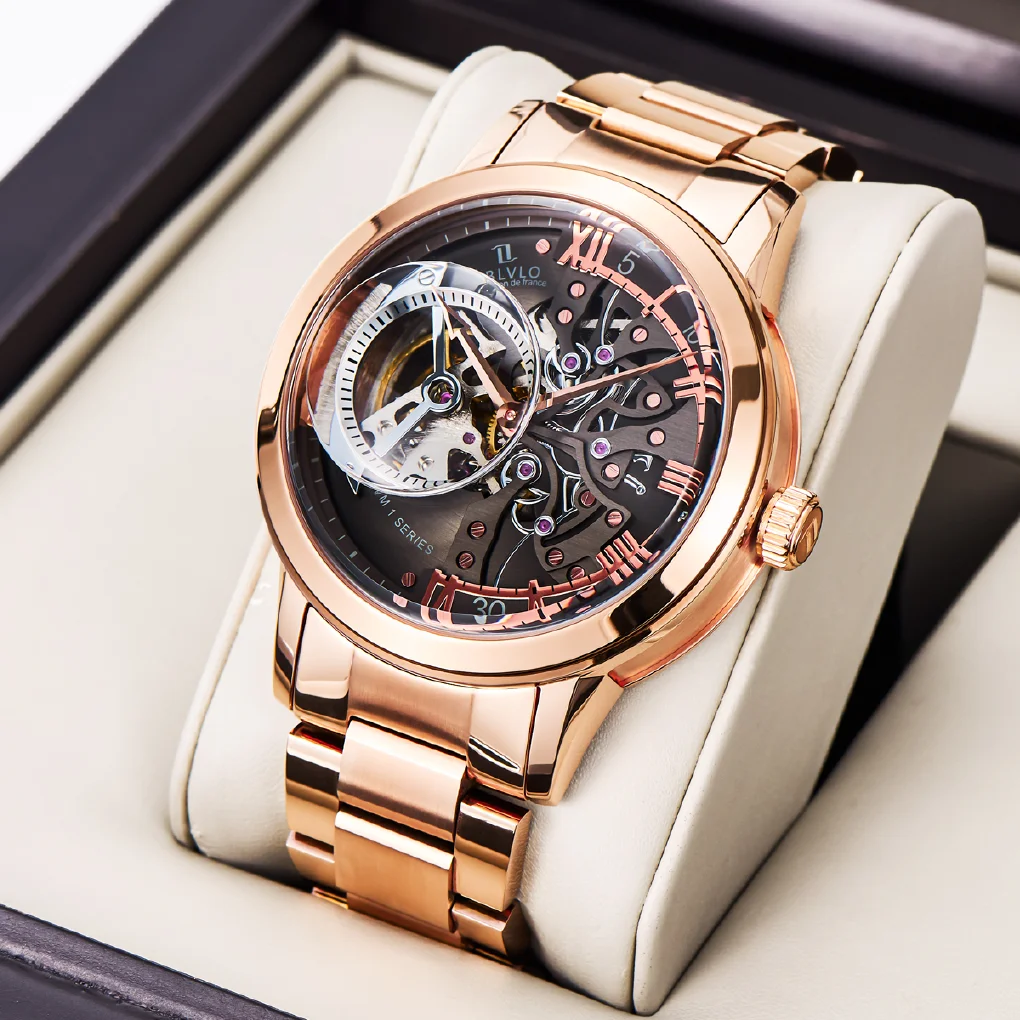 

OBLVLO Retro Casual Men Skeleton Automatic Watches Mechanical Stainless Steel Strap Mineral Crystal Glass Rose Gold Clock VM