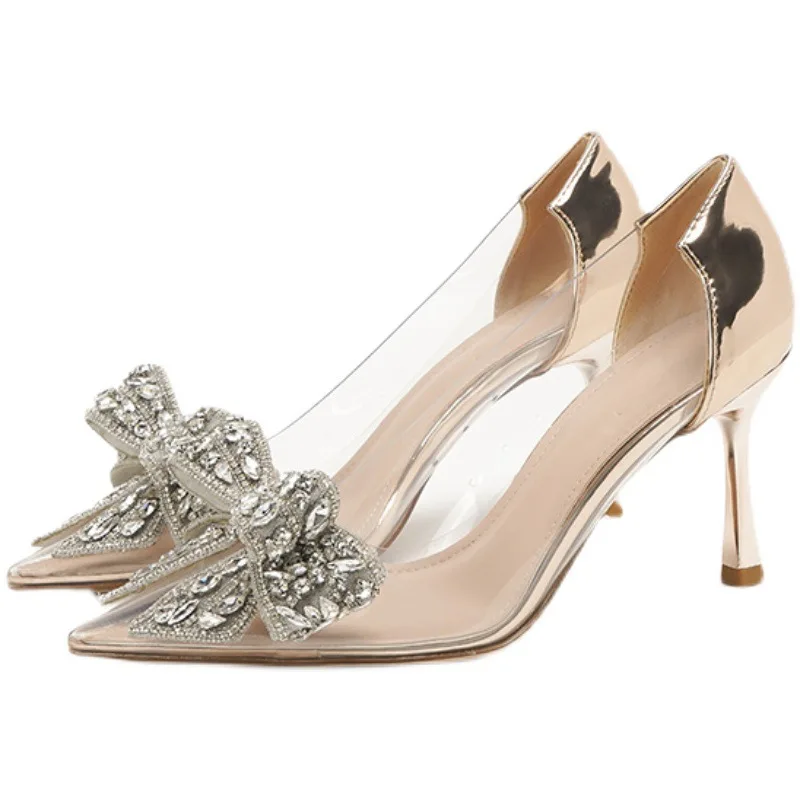Spring Autumn 2022 Women Shoes Fashion Butterfly-Knot Wedding Bling Bride Elegant Transparent Pointed Toe Pumps Party High Heels