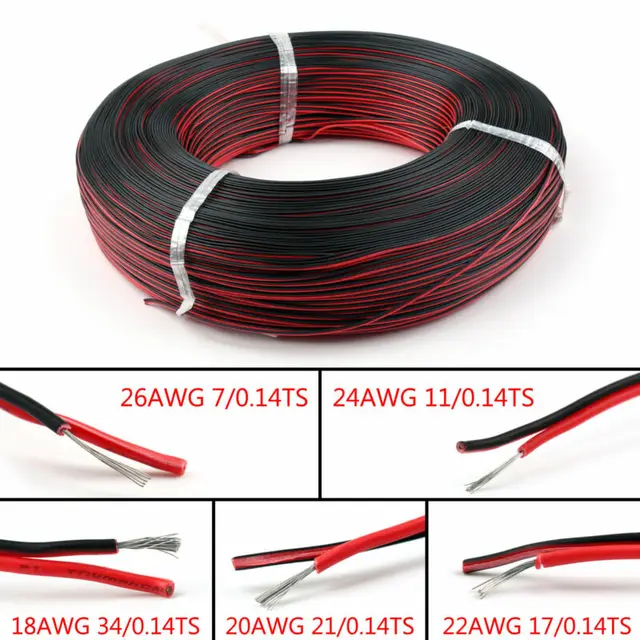 16 18 20 22 24 26 awg 2pins copper wire diy led lamp connector red & black flat ribbon cable 300v 80c