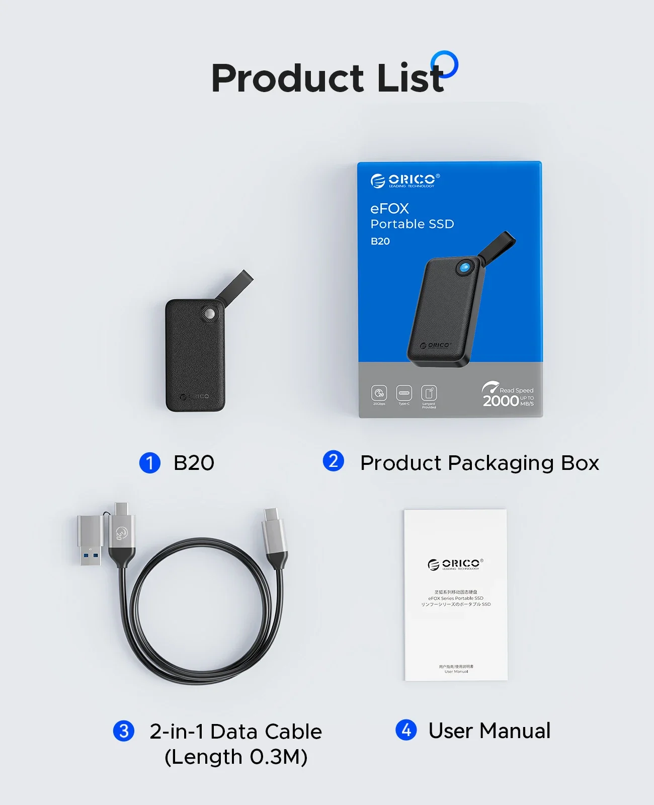 Портативный твердотельный накопитель ORICO 2 ТБ до 2000 МБс USB 3.2 Gen 2x2 Ultra-Mini Compact с кабелем USB C 2 в 1, внешний твердотельный накопитель (art.: 3920cb8ba62ef) - 3920cb8ba62ef