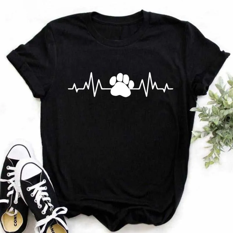 

Maycaur New Love Heart Dogs Paws Print T Shirt Women Cartoon T-shirt Funny Black T-shirt Summer Fashion O-neck Aesthetic Tshirts