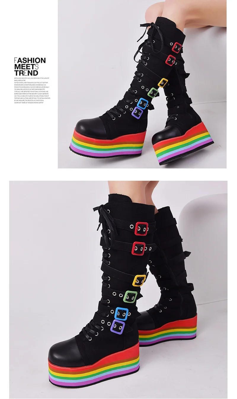 2022 Autumn Winter Sale Punk Halloween Witch Cosplay Platform High Wedges Heels Black Gothic Calf Boots Women Shoes Big Size 43