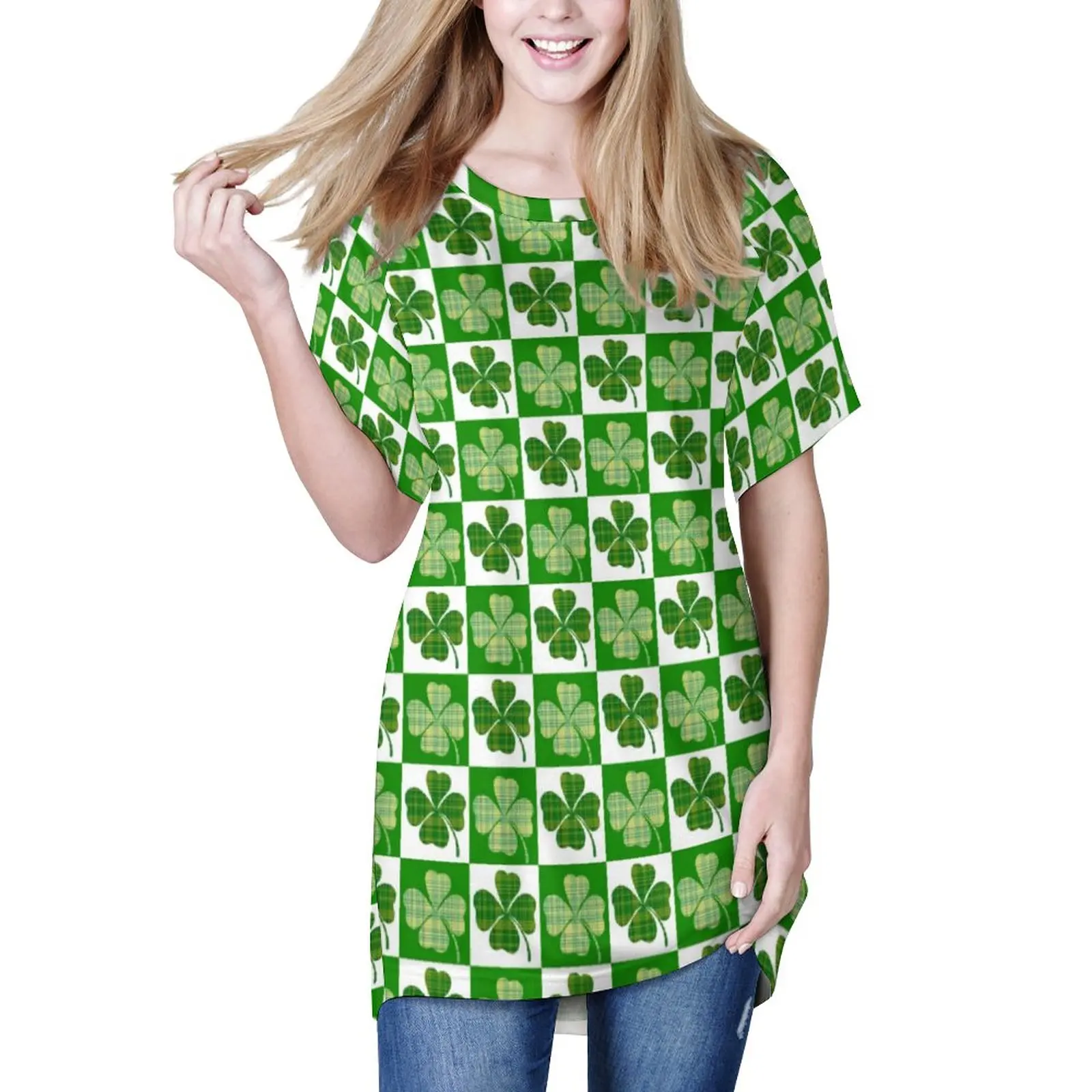 

Cute Shamrock Long T Shirts Checkerboard Print Street Style T-Shirt Short Sleeves Hip Hop Oversized Tee Shirt Summer Tops Gift