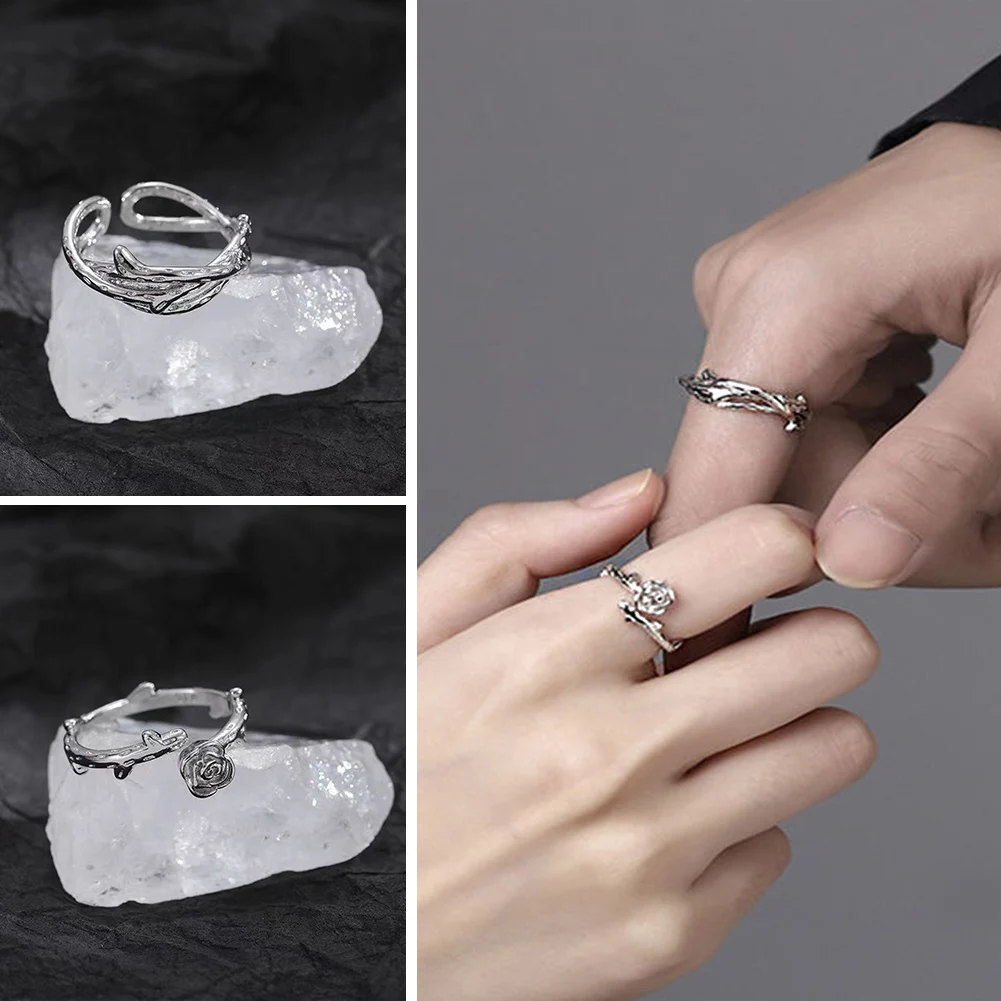 

Gothic Silver Color Thorns Roses Couple Rings For Women Men Creative Open Adjustable Ring Fashion Anniversary Jewelry Gift