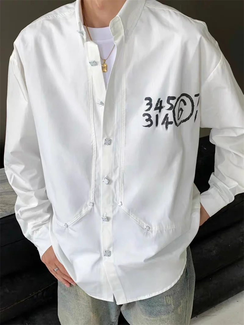 

Long Sleeve Shirt Carved Logo Button Graffiti Letter Printing 1:1 Japanese Black And White Cotton Casual Shirt
