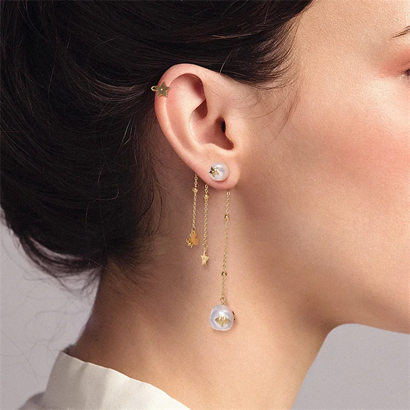 

1 Piece 925 Sterling Silver Pearl Tassel Personality Simple Earrings Women's Long Ear Cuff New Jewelry
