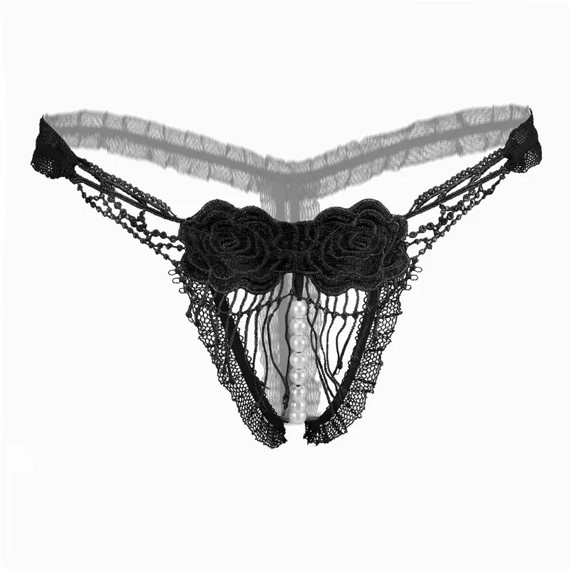 

WarmSteps Transparent Women's Panties Sweet Underwear Open Crotch Thongs Embroidery Sexy Lingerie Erotic Beaded G-Strings T-Back