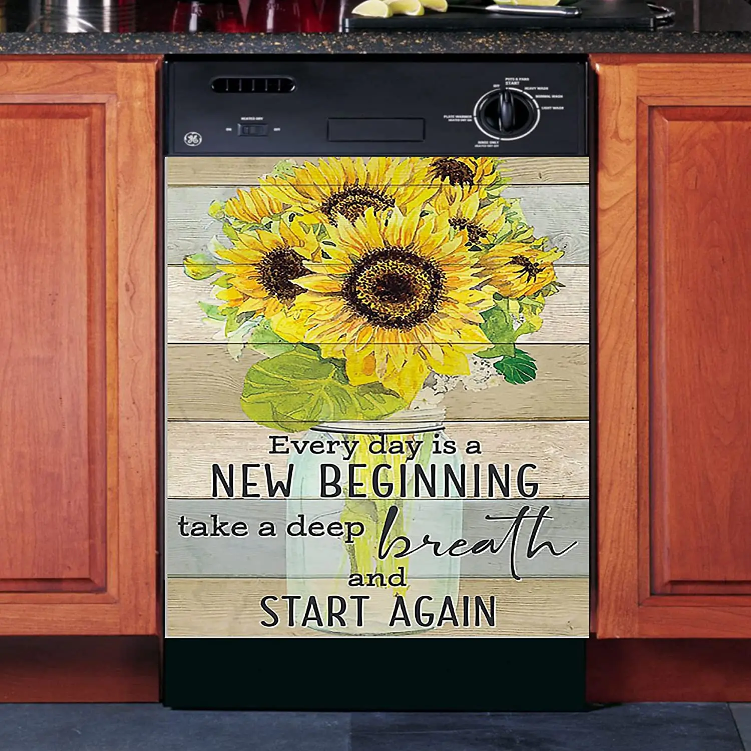 

Sunflower Dishwasher Cover Magnet Sticker, Every Day is a New Beginning Take a Deep Breath Smile and Start Again. Sunflower Deca