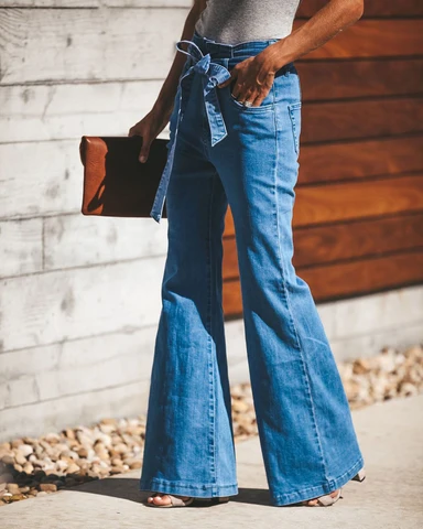 Wide belt bell bottom jeans - купить недорого | AliExpress