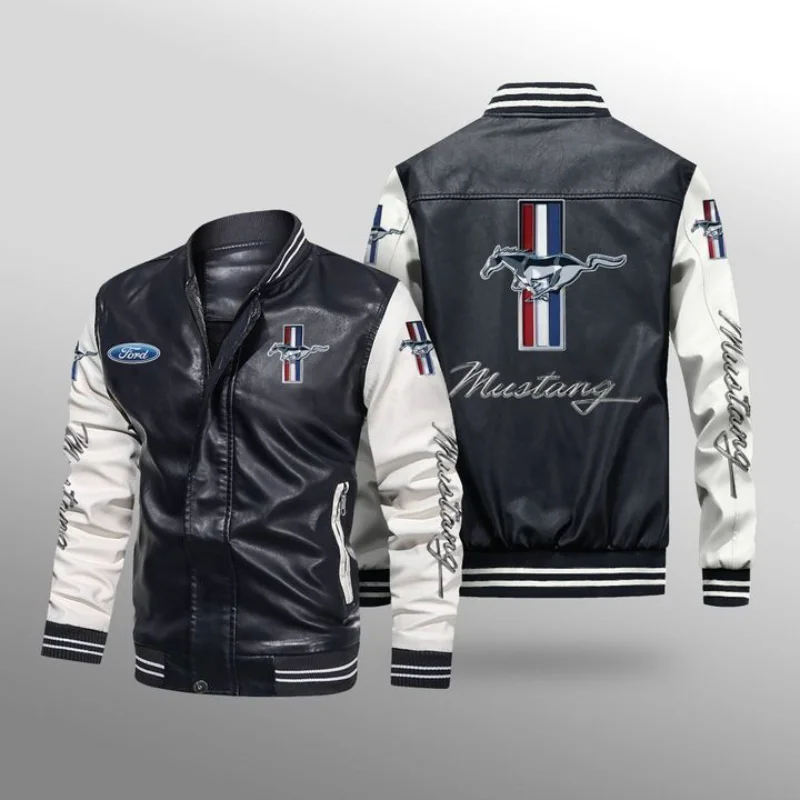 2023 New Vintage Pu Leather Autumn Winter Jacket Mustang Logo Zipper Fashion Long Sleeve Jacket Baseball Jacket