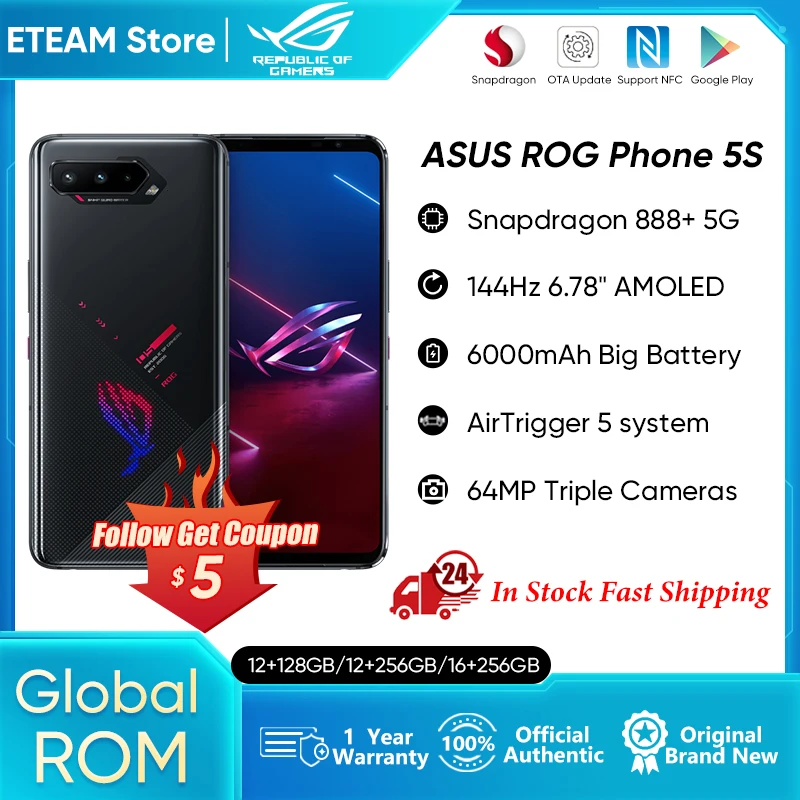 Global ROM ASUS ROG Phone 5S 5G Smartphone 16GB 256GB Snapdragon 888+ 6000mAh 65W Fast charging Professional Gaming Phone