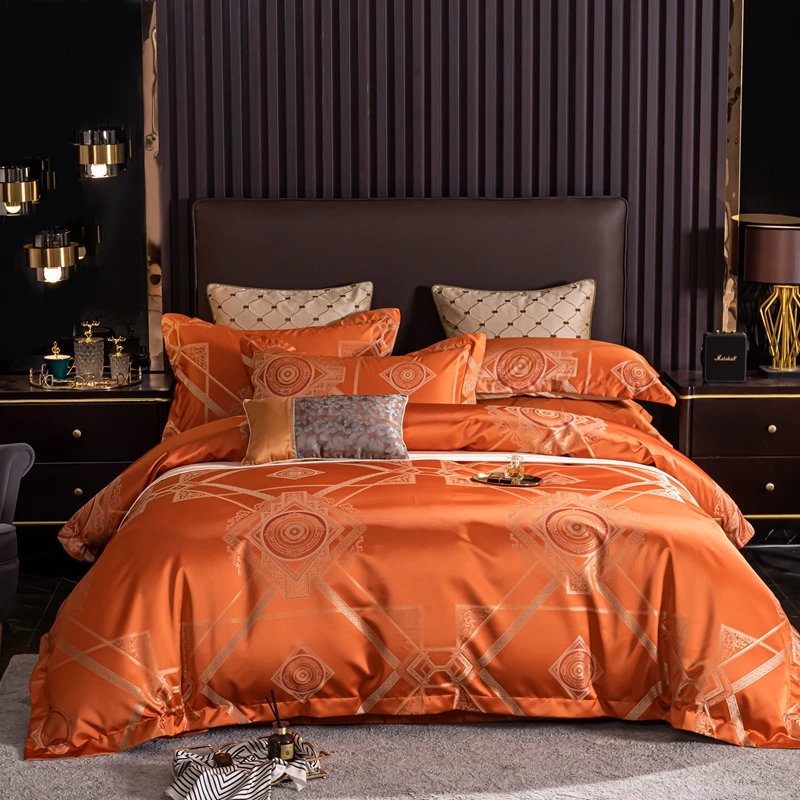 

Luxury 600TC Cotton Bedding Set Jacquard Bed Linens Flat Sheet Set Orange Bedclothes Queen/King Size Bed Cover 4pcs