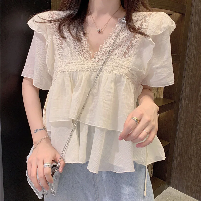 

Summer Chiffon Women Blouse T-shirt Fairy Sweet Short Sleeve Fashion New Design Pretty Girls Soft Cotton