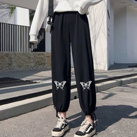 2022 binding feet womens fashion chic butterfly print summer basic black casual soft ladies trousers korean sports youth pants