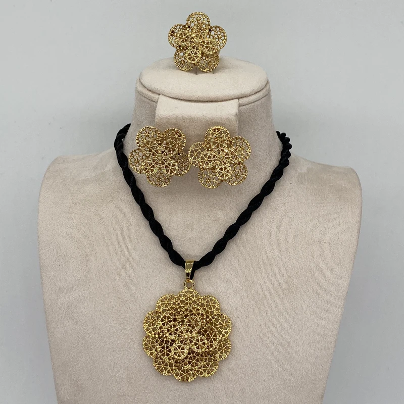 

18k Gold Color Jewelry Sets For Women Bridal Luxury Necklace Earrings Bracelet Ring Set African Lndian Wedding Ornament Gifts