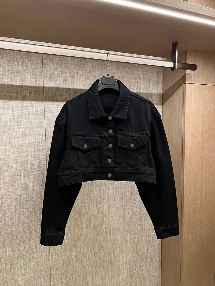 

Bearomad Spring Casual Black Cowboy Jacket Coat women Turn-down Collar Long Sleeves Single Breasted Pockets Slim Party Jacket